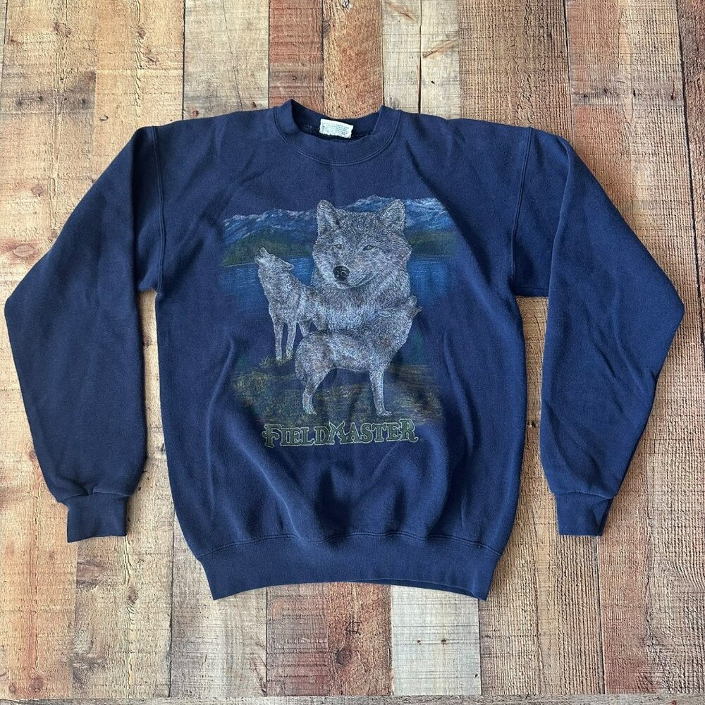 Vintage Fieldmaster Wolf Graphic Sweatshirt Navy Blue Cotton Blend Size M